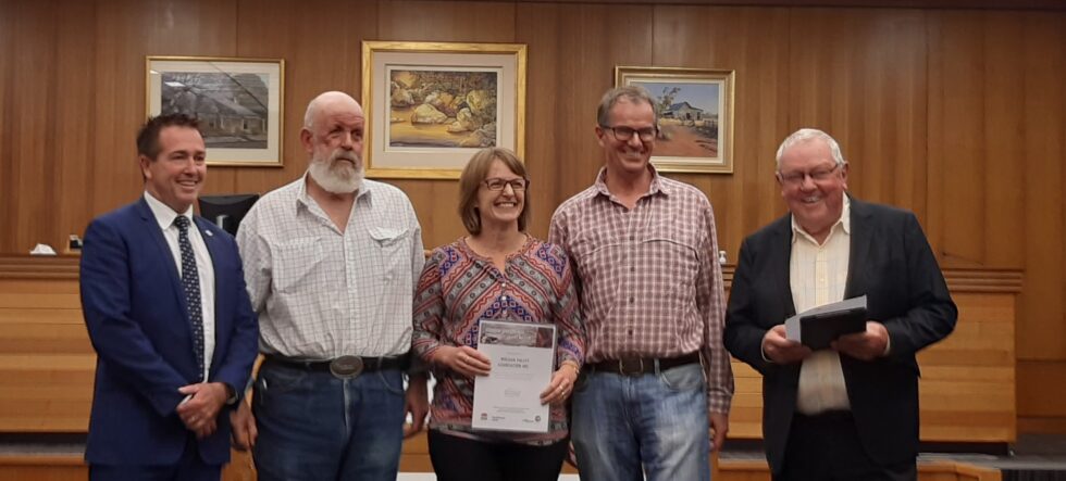 Recipients of the 2021 Lithgow City Council Community Bushfire Recovery Grant Program: Wolgan Valley Association’s Paul Bower, Sarah Denmead and Andrew Chalk with NSW Member for Bathurst Paul Toole MP and Lithgow City Council Mayor Ray Thompson 30 March 2021. Image Lithgow City Council]